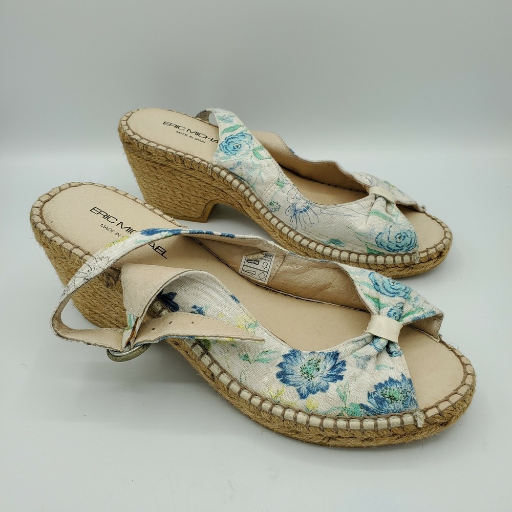 Eric Michael Espadrille Womens 9.5-10 Sandal Linen Block Open Toe Floral EUR 40
